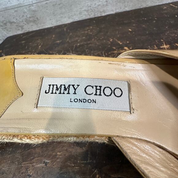 Jimmy Choo Beige Patent Leather Wedge Sandals US Size W10 - Picture 9 of 15